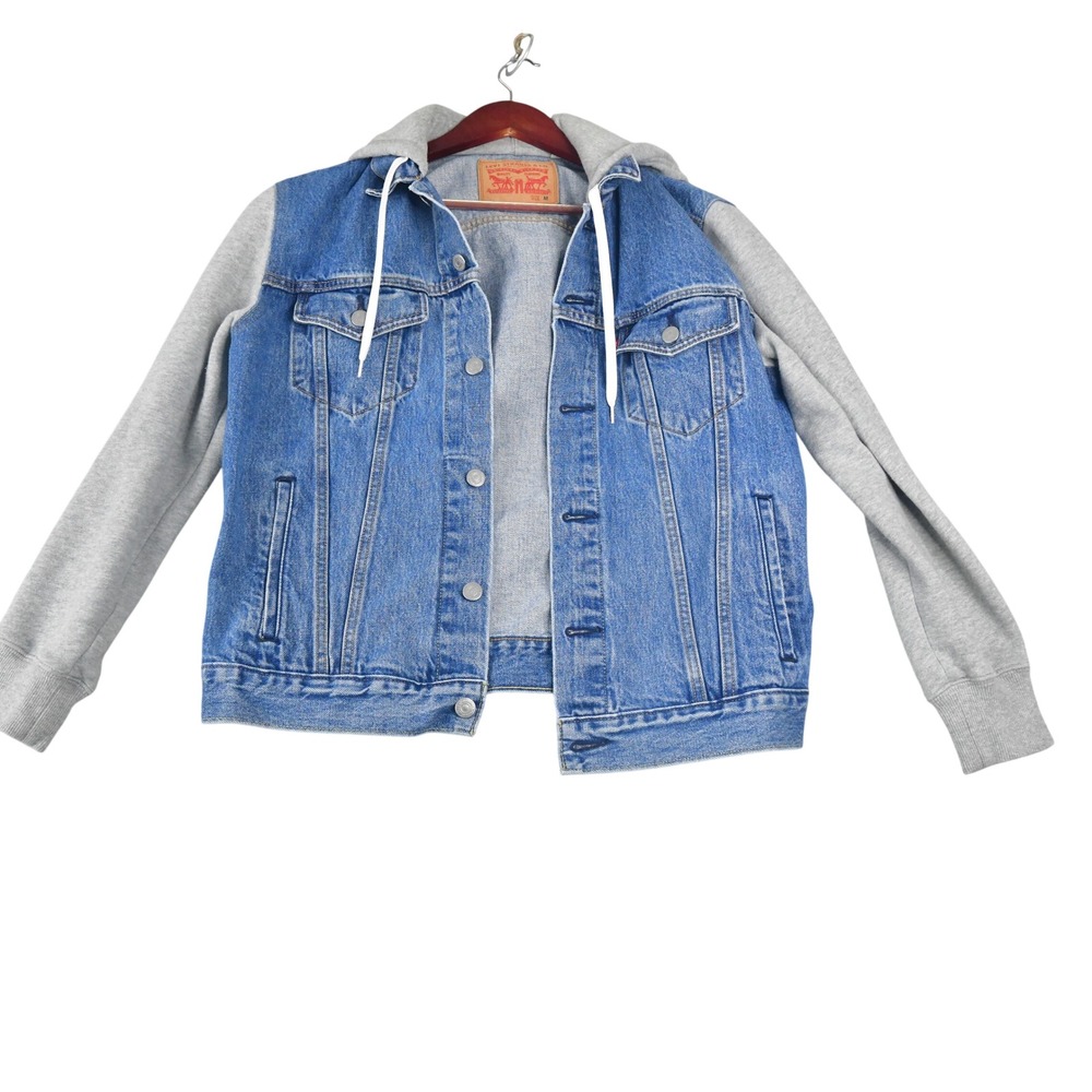 Levis Mens Hybrid Denim Trucker Jacket Hoodie Sleeves Blue Medium 74513-0000